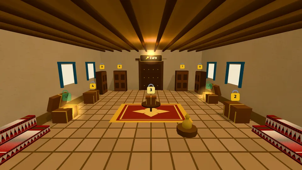 Escape Room: an old diwaniya with chests and numbered locks