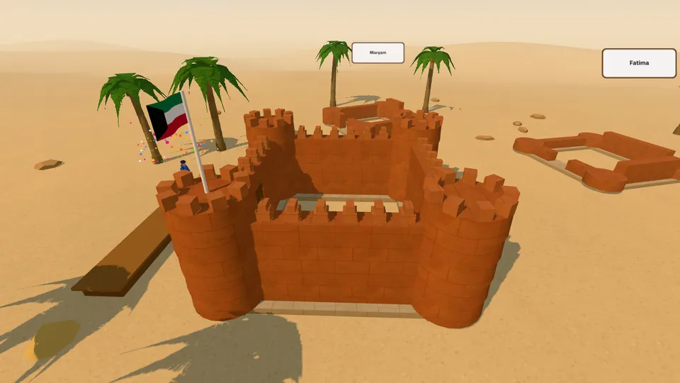 The Fort: a finished mud-brick fort with the Kuwaiti flag on top