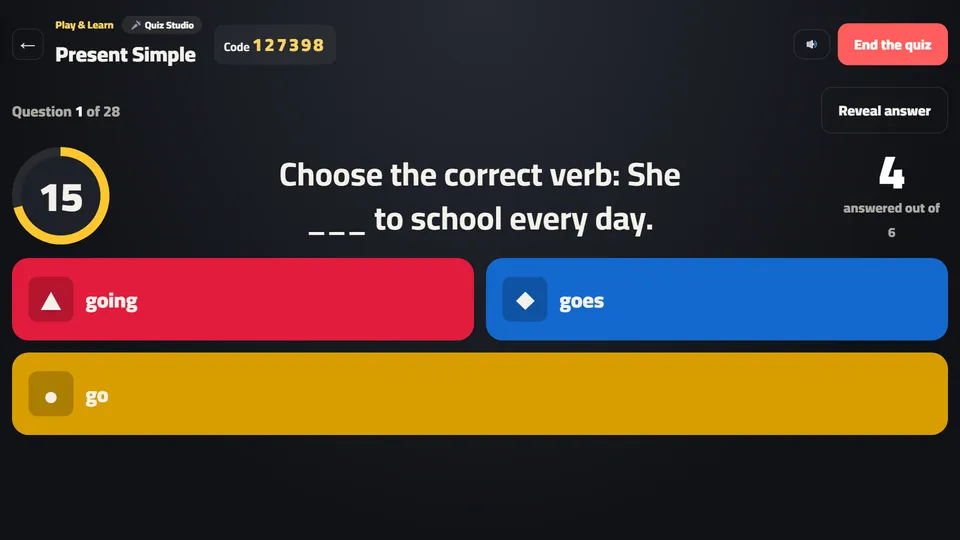 Quiz Studio: a question on the projector with four colored answers and a countdown