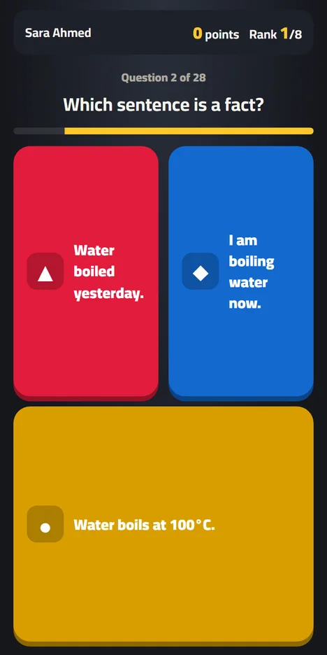 A student's phone answering the same question with colored buttons